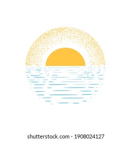 illustrations of sunset or sunrise from the sea, dotes and line blue and yellow color vector