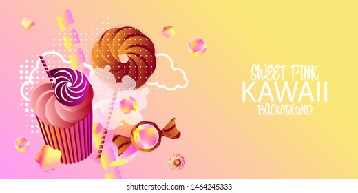 Illustrations of sweet food background with rainbow mesh. Kawaii banner in princess color