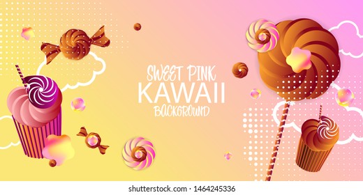 Illustrations of sweet food background with rainbow mesh. Kawaii banner in princess color