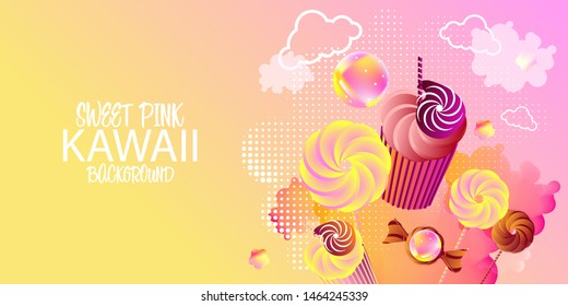 Illustrations of sweet food background with rainbow mesh. Kawaii banner in princess color