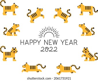 Illustrations of symbolic tigers in various poses and sentences of “HAPPY NEW YEAR 2022”