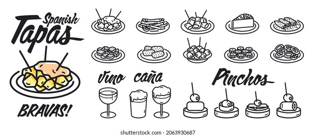 Illustrations symbols of typical Spanish bar snacks. Text in Spanish of food (Tapas, Bravas and pinchos) and drinks (Caña y vino). Sketch of icons for web, brochures, posters, flyers, social media.