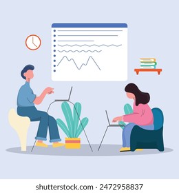 illustrations with team characters working at home, remotely, office. Concept of freelancing comfortable work at home