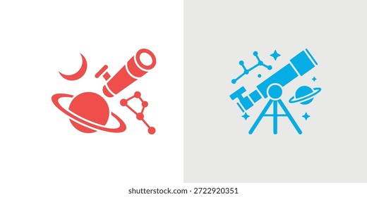 Illustrations of telescopes, planets, moons, and stars, showcasing astronomical observation and space exploration themes.