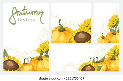 Illustrations for Thanksgiving Day or autumn festival. Set of vector backgrounds various formats with pumpkins and sunflowers.	