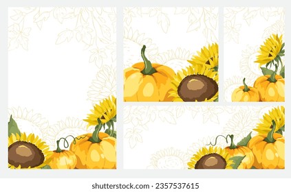 Illustrations for Thanksgiving Day or autumn festival. Set of vector backgrounds various formats with pumpkins, sunflowers and yellow leaves.	