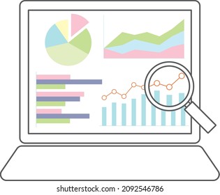 Ilustraciones que se buscan expresando economía, investigación, etc. en gráficos y gráficos de una computadora personal