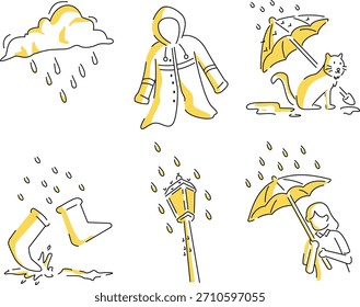 Ilustraciones de cosas relacionadas con la lluvia, sombrillas, impermeables, botas y escenarios lluviosos