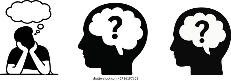 Ilustraciones de hombre pensante, siluetas de cabeza, signo de interrogación. Visualiza la duda, la resolución de problemas, la toma de decisiones, la incertidumbre con creatividad