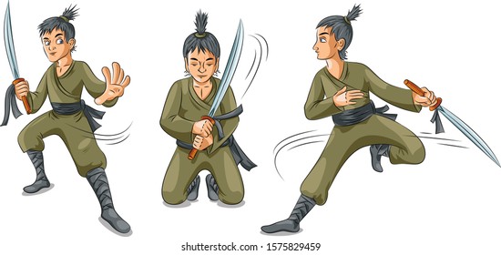 Illustrations of three young samurai boy warriors with sword