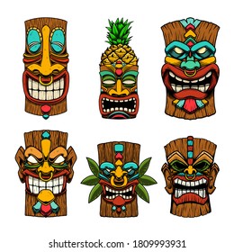 Сет of Illustrations of Tiki tribal wooden mask. Design element for logo, emblem, sign, poster, card, banner. Vector illustration