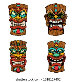 Sеt of Illustrations of Tiki tribal wooden mask. Design element for logo, emblem, sign, poster, card, banner. Vector illustration