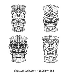 Sет of Illustrations of Tiki tribal wooden mask. Design element for logo, emblem, sign, poster, card, banner. Vector illustration
