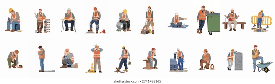 Illustrations of tired and resting construction workers, showcasing various aspects of labor and safety on building sites.