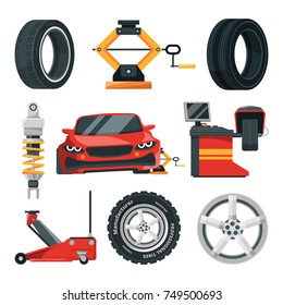 Illustrations of tires service. Car service tire and repair wheel, automotive maintenance garage vector