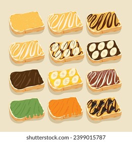 Illustrations of toast, various pages. Set of toast images.