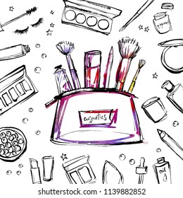 Illustrations of tools for applying make-up and cosmetics.