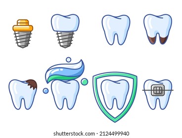 Illustrations of tooth. Dentistry and health care icons. Stomatology medical items.