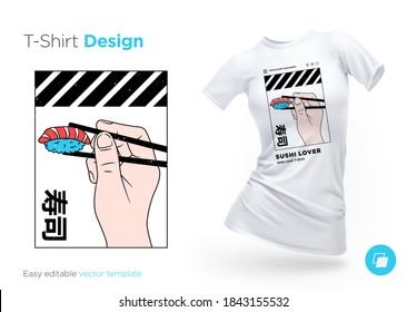 Illustrations in traditional asian style for T-shirts, sweatshirts, cases for mobile phones, souvenirs. Isolated vector illustration on white background. Hieroglyphs translation: "sushi"