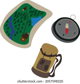 Illustrations travel items.The traveler will need a compass, map and backpack.