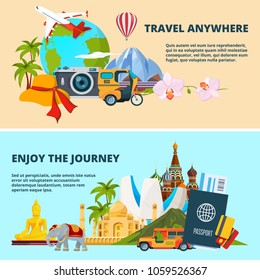 Illustrations of travel theme with pictures of different world landmarks. Vector travel and tourism world landmark, journey and trip banner