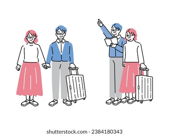 Illustrations of travel and vacation.Husband and wife, old age, senior generation, couple, travel and overseas.