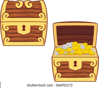 Illustrations Of Treasure Chest, Open, Closed And With Golden Coins Isolated On White