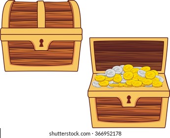 Illustrations Of Treasure Chest, Open, Closed And With Golden Coins Isolated On White