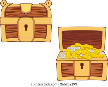 illustrations of treasure chest, open, closed and with golden coins isolated on white