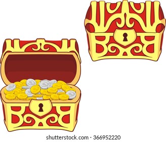 illustrations of treasure chest, open, closed and with golden coins isolated on white