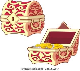 illustrations of treasure chest, open, closed and with golden coins isolated on white