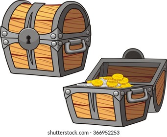 illustrations of treasure chest, open, closed and with golden coins isolated on white