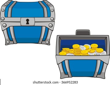 illustrations of treasure chest, open, closed and with golden coins isolated on white