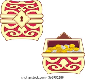 illustrations of treasure chest, open, closed and with golden coins isolated on white