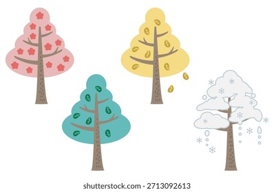 Ilustraciones de árboles en las cuatro estaciones (primavera, verano, otoño, invierno)