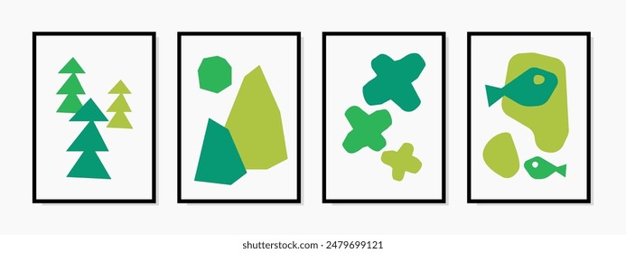 Illustrations of trees, mountains, and fish in monochrome green color. Ideal nature-themed wall art for contemporary home decor, prints, posters, and digital artwork.