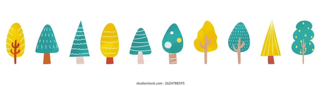 Illustrations of trees in various shapes and shapes with watercolor touches, Scandinavian style