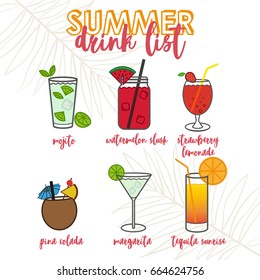 Illustrations Of Tropical Cocktails And Drinks. Summer Drink List.