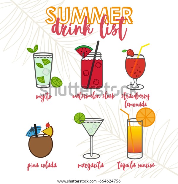 熱帯カクテルや飲み物のイラスト 夏の飲み物リスト のベクター画像素材 ロイヤリティフリー