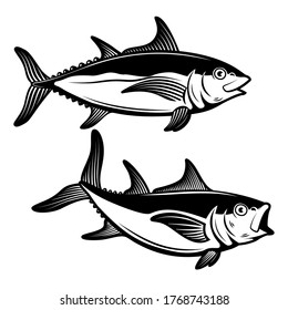 Illustrationen von Thunfisch im Gravierstil. Design-Element für Poster, Karte, Banner, Logo, Etikett, Schild, Abzeichen, T-Shirt. Vektorgrafik