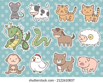 Illustrations of the twelve signs of the Chinese zodiac in Tibet, Thailand, and Belarus
Instead of rabbit and boar, it's cat and pig.
