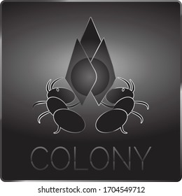 Illustrations of two ants that support each other. Stock Vector Icon, Monochrome Style. Dark Background.