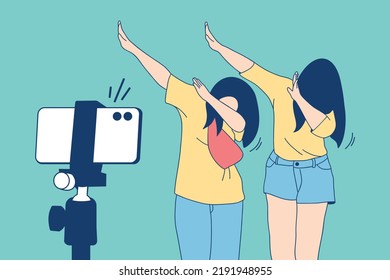 Ilustraciones de dos bellas influencias muchacha feliz grabando el video estilo dab bailando con smartphone para el desafío