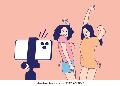 Illustrations of two Beautiful influencer girl happy recording dancing video with smartphone for challenge
