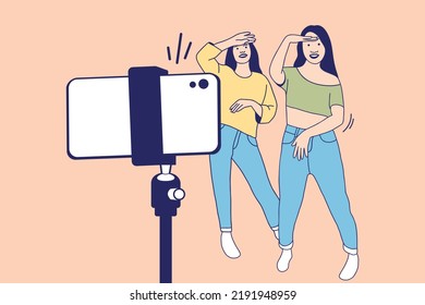 Illustrations of two Beautiful influencer girl happy recording dancing video with smartphone for challenge