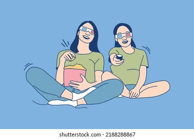 Illustrations two Beautiful young woman watching movie at home with three-dimensional glasses and eating popcorn