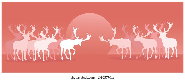 Illustrations of two groups of deer silhouettes confronting each other in front of the setting red sun.