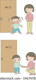 Illustrations of two scenes during potty training. Crying child and mother