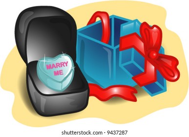 Illustrations of valentine candy and an engagement ring box.