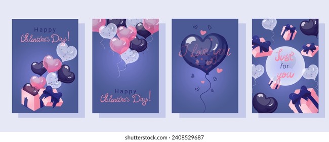 Illustrations for Valentine's Day greetings in blue, black, white and pink shades. Flat illustrations with a box, heart balloons and handwritten greetings.